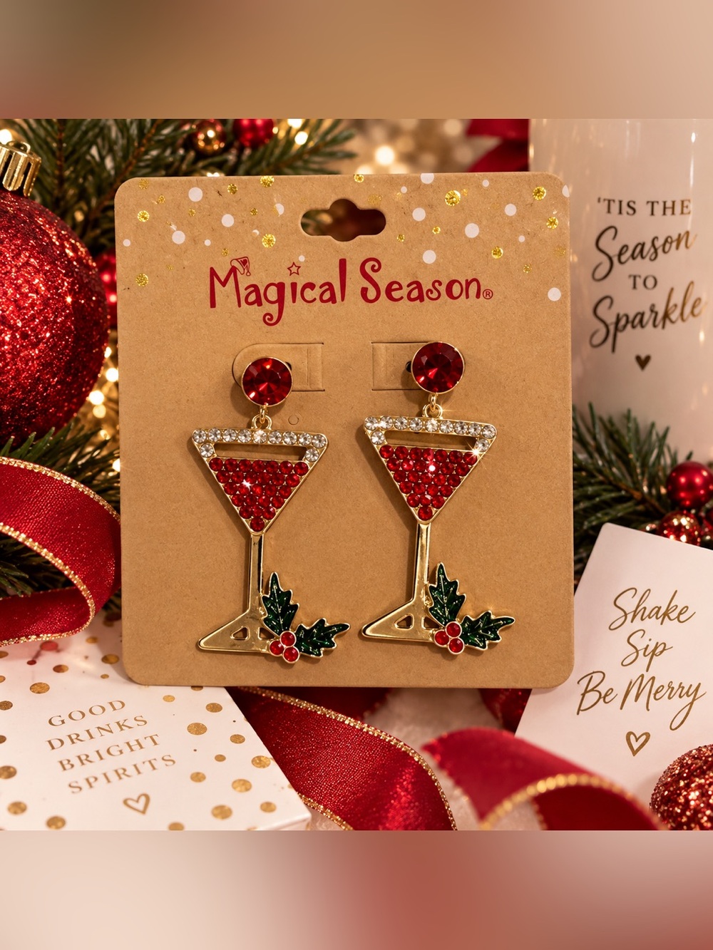 Magical Season Christmas Holiday Red Martini Cocktail Earrings NWT